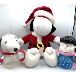 11" Vintage Peanuts Hallmark  Santa Snoopy Plush & snoopy,lucy cups with straws